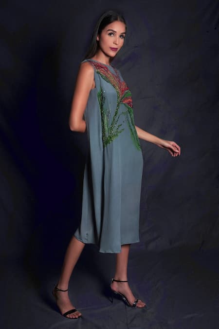 Seesa Grey Crepe Beads, Zari, Sequins Boat Neck Leaf Applique Work Dress Online at Aza Fashions Seesa_Grey Crepe Beads, Zari, Sequins Boat Neck Leaf Applique Work Dress _Online_at_Aza_Fashions