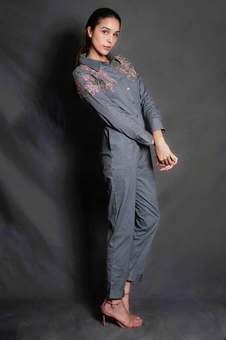 Buy_Seesa_Grey Cotton, Lycra Embroidery Shawl Neck Floral Applique Work Jumpsuit _Online_at_Aza_Fashions