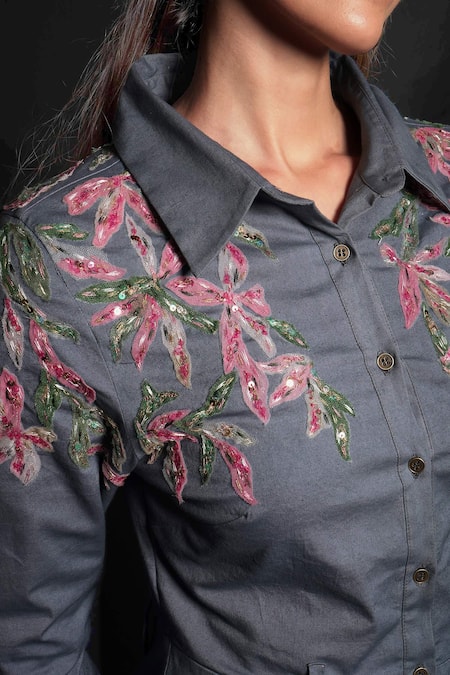 Shop_Seesa_Grey Cotton, Lycra Embroidery Shawl Neck Floral Applique Work Jumpsuit _Online_at_Aza_Fashions