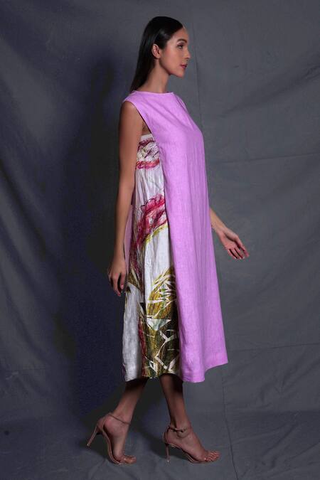 Seesa_Purple Linen Boat Neck Broken Flower Print Dress_Online_at_Aza_Fashions