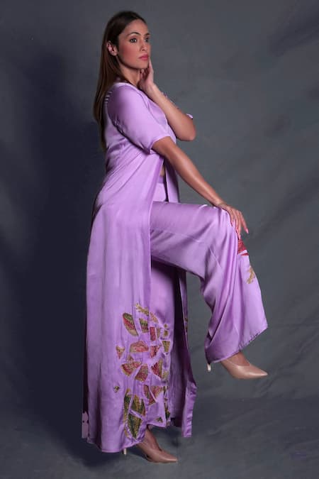 Seesa_Purple Viscose, Satin Beads Round Neck Abstract Hand Embroidered Tunic _Online_at_Aza_Fashions