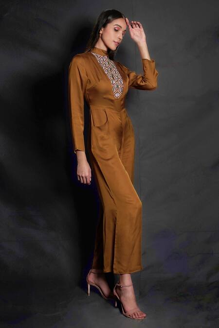 Shop_Seesa_Gold Viscose, Satin Cut Work, Beads High Neck, Keyhole Embroidered Yoke Jumpsuit _at_Aza_Fashions