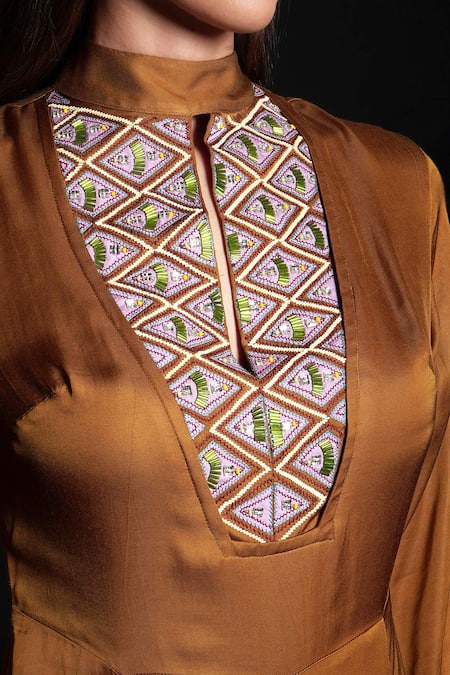 Seesa_Gold Viscose, Satin Cut Work, Beads High Neck, Keyhole Embroidered Yoke Jumpsuit _Online_at_Aza_Fashions