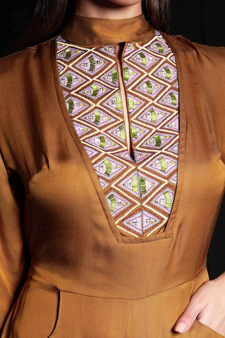 Buy_Seesa_Gold Viscose, Satin Cut Work, Beads High Neck, Keyhole Embroidered Yoke Jumpsuit _Online_at_Aza_Fashions