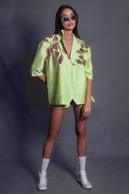 Seesa Green Chanderi Silk Hand Embroidery Abstract Spread Collar Shirt 