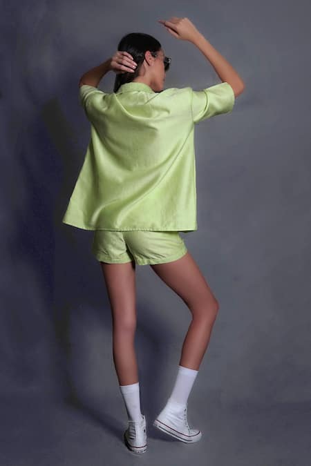 Shop_Seesa_Green Chanderi Silk Beads Collared Hand Embroidered Shirt _at_Aza_Fashions