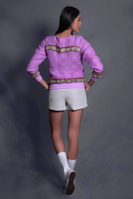 Shop Seesa Purple Linen, Ramie Embroidery Boat Neck Geometric Hand Top at Aza Fashions Shop_Seesa_Purple Linen, Ramie Embroidery Boat Neck Geometric Hand Top _at_Aza_Fashions