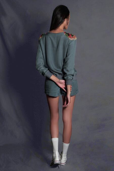 Shop Seesa Green Silk, Chiffon Embroidery Boat Neck Placement Organza Top at Aza Fashions Shop_Seesa_Green Silk, Chiffon Embroidery Boat Neck Placement Organza Top_at_Aza_Fashions