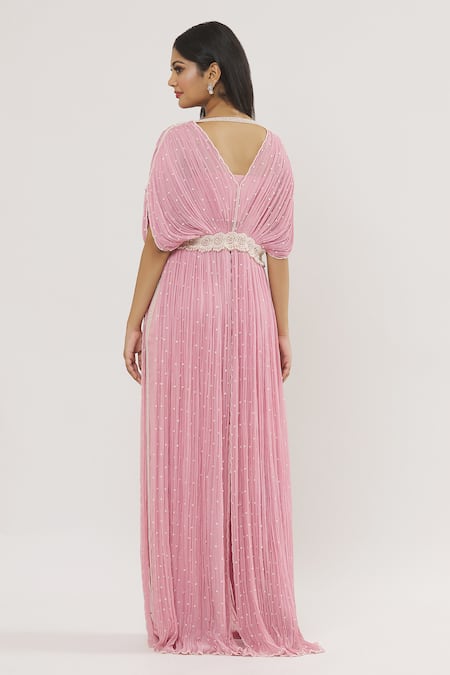 COUTURE BY NIHARIKA Pink Chiffon, Organza Pearls V-neck Embellished Cape Pant Set Online at Aza Fashions COUTURE BY NIHARIKA_Pink Chiffon, Organza Pearls V-neck Embellished Cape Pant Set _Online_at_Aza_Fashions