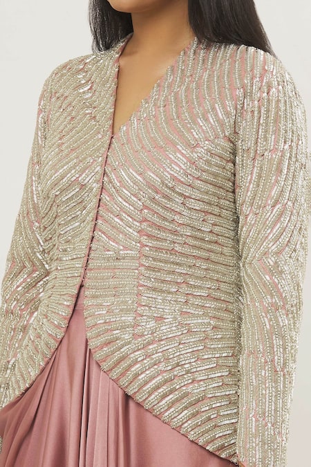 Buy_COUTURE BY NIHARIKA_Pink Organza, Satin Embroidery High Neck Crystal Feather Jacket With Skirt _Online_at_Aza_Fashions