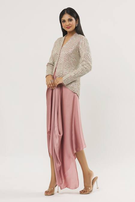 COUTURE BY NIHARIKA_Pink Organza, Satin Embroidery High Neck Crystal Feather Jacket With Skirt _at_Aza_Fashions