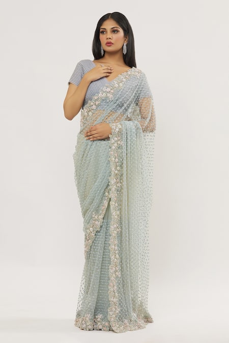 COUTURE BY NIHARIKA Blue Net, Organza Beads, Sequins Floral Embroidered Butti Saree With Blouse