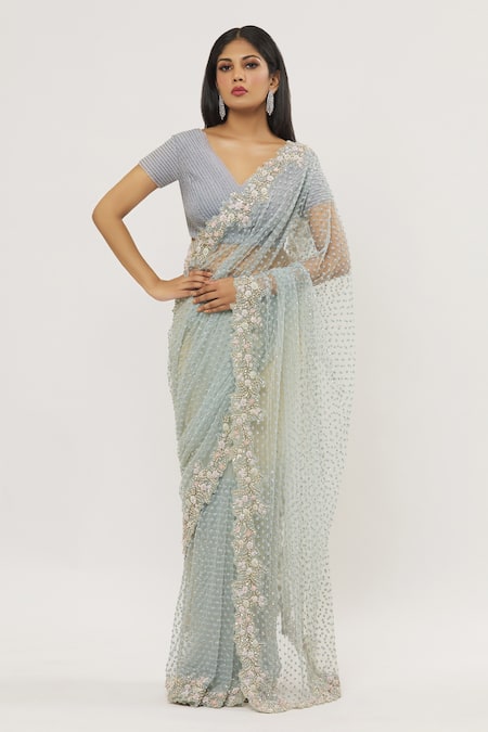 Buy COUTURE BY NIHARIKA Blue Net, Organza Beads, Sequins Floral Embroidered Butti Saree With Blouse Online at Aza Fashions Buy_COUTURE BY NIHARIKA_Blue Net, Organza Beads, Sequins Floral Embroidered Butti Saree With Blouse _Online_at_Aza_Fashions