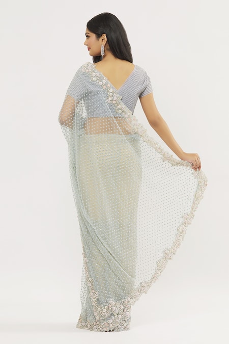 COUTURE BY NIHARIKA Blue Net, Organza Beads, Sequins Floral Embroidered Butti Saree With Blouse Online at Aza Fashions COUTURE BY NIHARIKA_Blue Net, Organza Beads, Sequins Floral Embroidered Butti Saree With Blouse _Online_at_Aza_Fashions