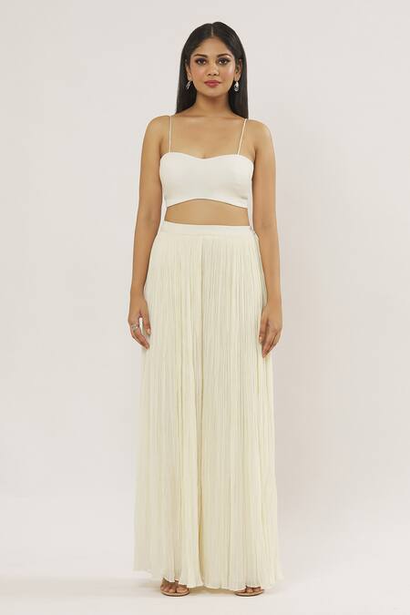 Shop_COUTURE BY NIHARIKA_Ivory Organza, Chiffon Crystals, Pearls, Plume Embellished Cape Pant Set _Online_at_Aza_Fashions