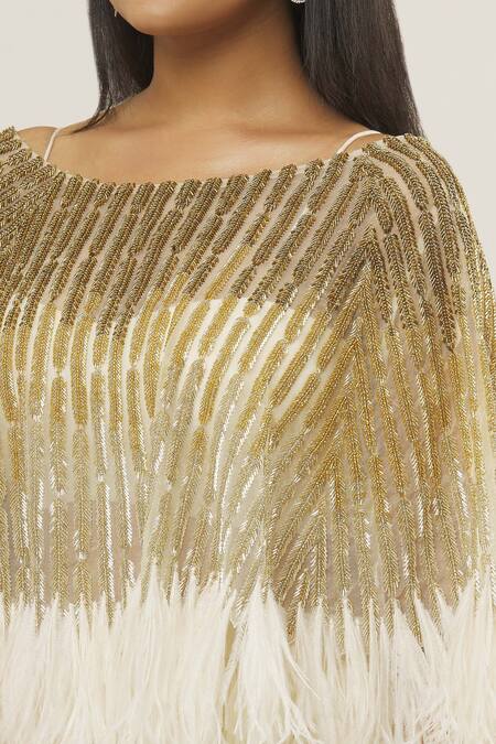 COUTURE BY NIHARIKA_Ivory Organza, Chiffon Crystals, Pearls, Plume Embellished Cape Pant Set _at_Aza_Fashions