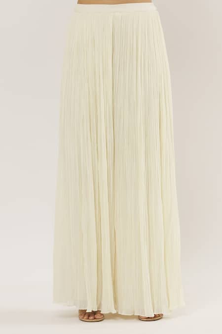 Buy_COUTURE BY NIHARIKA_Ivory Organza, Chiffon Crystals, Pearls, Plume Embellished Cape Pant Set 