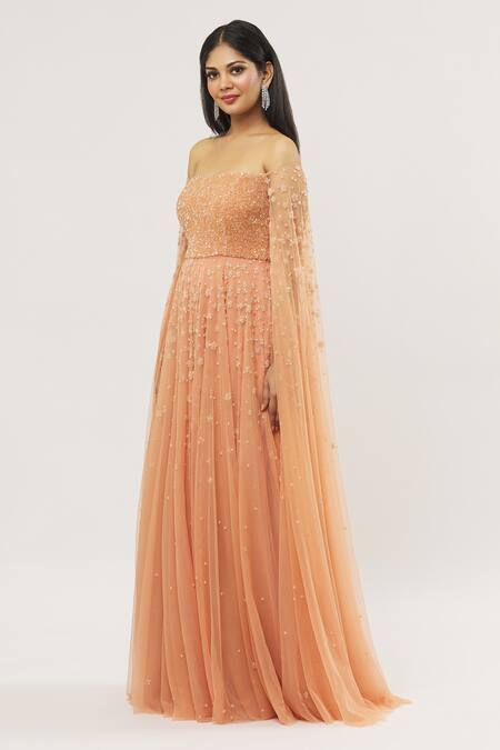 Buy COUTURE BY NIHARIKA Orange Net, Viscose Sequins, Embroidery Off-shoulder Off Gown Online at Aza Fashions Buy_COUTURE BY NIHARIKA_Orange Net, Viscose Sequins, Embroidery Off-shoulder Off Gown _Online_at_Aza_Fashions
