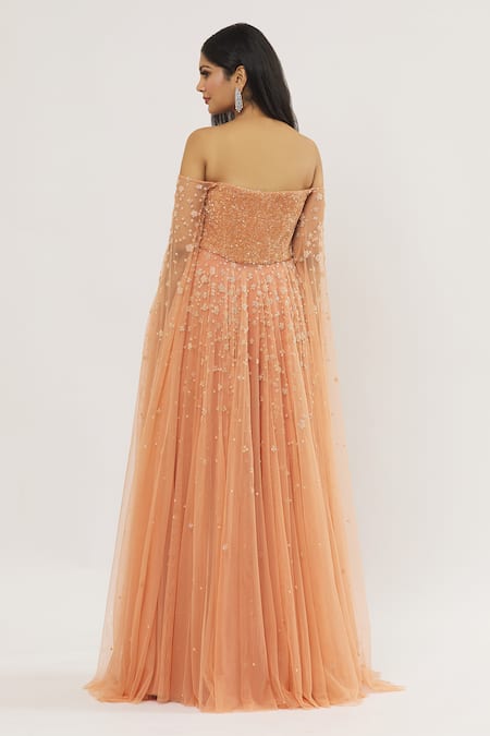 COUTURE BY NIHARIKA Orange Net, Viscose Sequins, Embroidery Off-shoulder Off Gown Online at Aza Fashions COUTURE BY NIHARIKA_Orange Net, Viscose Sequins, Embroidery Off-shoulder Off Gown _Online_at_Aza_Fashions