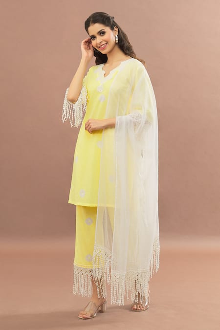 Buy_Kalakaari By Sagarika_Yellow Cotton, Kota Doria Lace, Tassels Keyhole Cut Work Border Kurta Pant Set _Online_at_Aza_Fashions