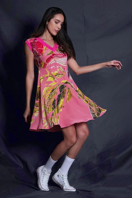 Seesa Pink Crepe Embroidery V-neck Broken Flower Print Dress 