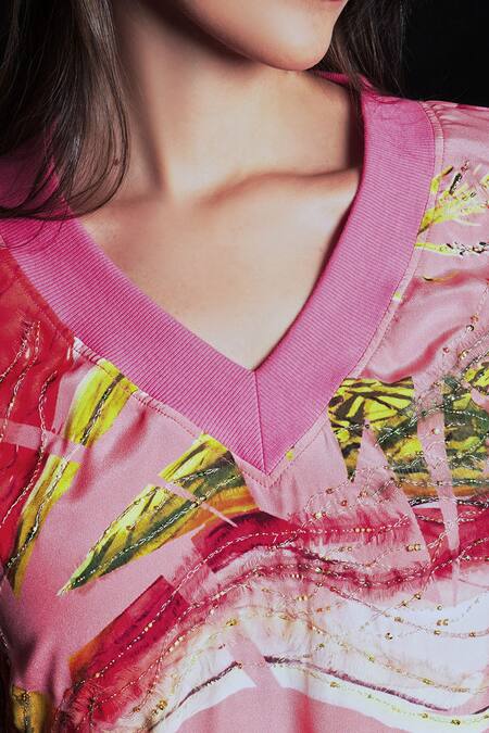 Buy Seesa Pink Crepe Embroidery V-neck Broken Flower Print Dress Online at Aza Fashions Buy_Seesa_Pink Crepe Embroidery V-neck Broken Flower Print Dress _Online_at_Aza_Fashions