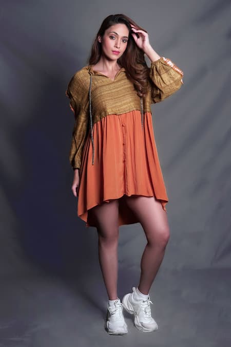 Seesa Gold Tussar Silk V Neck Asymmetric Dress 