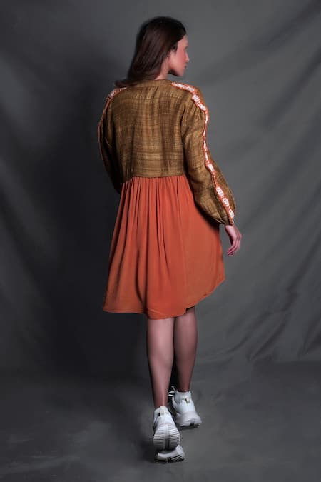 Shop_Seesa_Gold Tussar, Viscose Embroidery V-neck Asymmetric Dress _at_Aza_Fashions