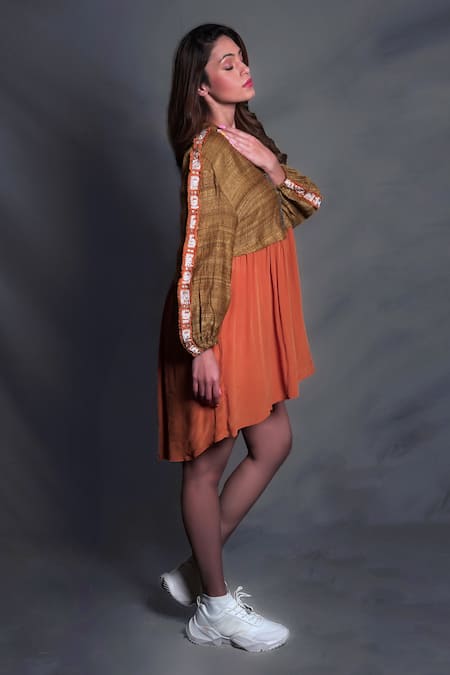 Seesa_Gold Tussar, Viscose Embroidery V-neck Asymmetric Dress _Online_at_Aza_Fashions