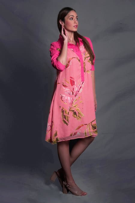 Seesa Pink Linen, Crepe Collared Broken Flower Print Dress 