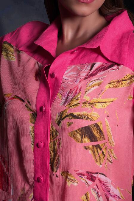 Seesa Pink Linen, Crepe Collared Broken Flower Print Dress Online at Aza Fashions Seesa_Pink Linen, Crepe Collared Broken Flower Print Dress _Online_at_Aza_Fashions