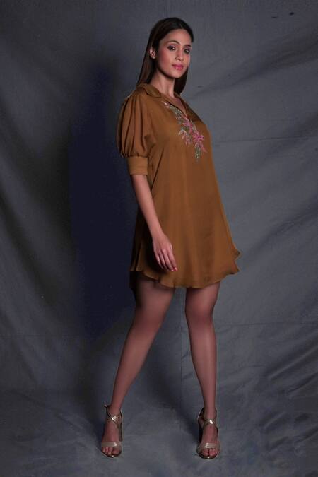 Seesa Gold Silk, Chiffon Embroidery Collared Dress Online at Aza Fashions Seesa_Gold Silk, Chiffon Embroidery Collared Dress _Online_at_Aza_Fashions