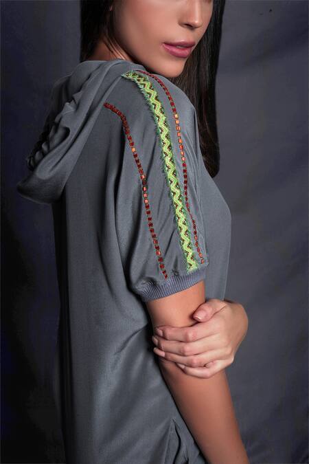 Buy_Seesa_Grey Crepe Embroidery Hoodie Dress_Online_at_Aza_Fashions