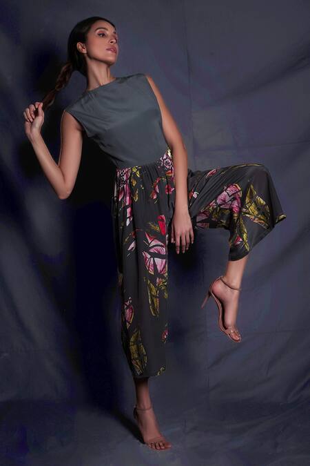 Buy_Seesa_Grey Crepe Boat Neck Floral Print Jumpsuit _Online_at_Aza_Fashions