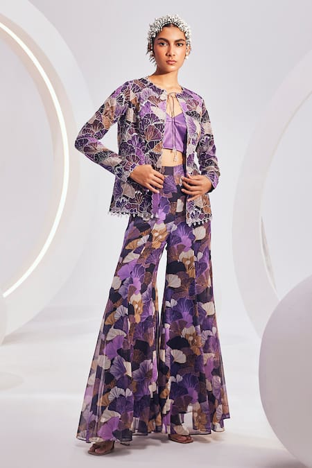 Divya Aggarwal Purple Blouse Heavy Satin Print Floral Bloom Round Pattern Jacket Trouser Set