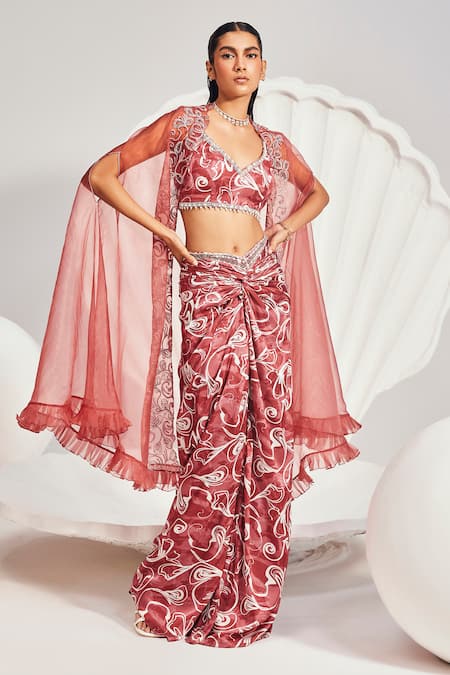 Divya Aggarwal Red Cape Weightless Organza Embroidered Sequin Embellished And Knotted Skirt Set 