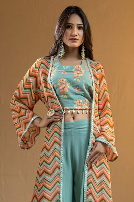 Nazar By Indu Blue Cotton, Georgette Crystals Square Neck Chevron Print Cape Flared Pant Set Online at Aza Fashions Nazar By Indu_Blue Cotton, Georgette Crystals Square Neck Chevron Print Cape Flared Pant Set _Online_at_Aza_Fashions