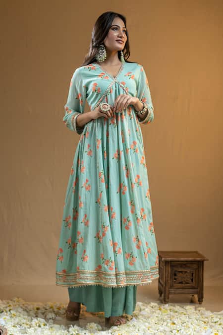 Shop Nazar By Indu Blue Georgette Gota Patti V-neck Floral Print Anarkali Palazzo Set at Aza Fashions Shop_Nazar By Indu_Blue Georgette Gota Patti V-neck Floral Print Anarkali Palazzo Set _at_Aza_Fashions