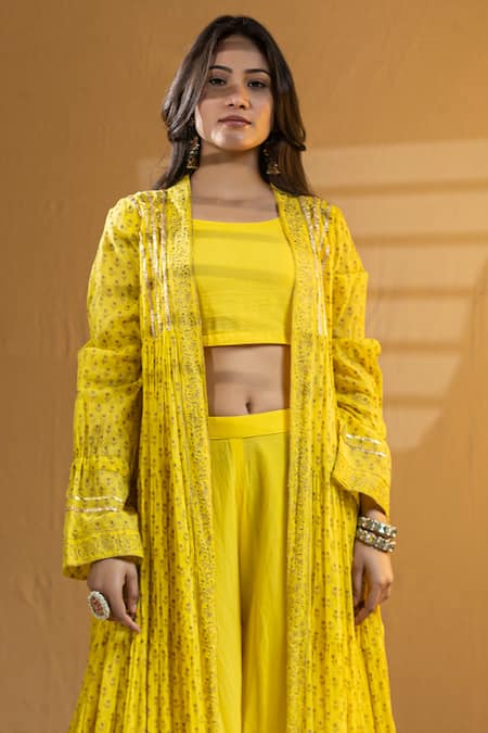 Nazar By Indu Yellow Cotton Round Neck Flower Block Print Cape Flared Pant Set Online at Aza Fashions Nazar By Indu_Yellow Cotton Round Neck Flower Block Print Cape Flared Pant Set _Online_at_Aza_Fashions