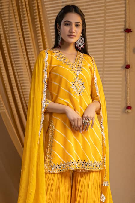 Nazar By Indu_Yellow Cotton, Georgette Mirrors, Sequins Leheriya Pattern Kurta Gharara Set _Online_at_Aza_Fashions