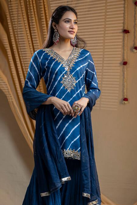 Nazar By Indu_Blue Cotton, Georgette Zari V-neck Leheriya Pattern Kurta And Gharara Set _Online_at_Aza_Fashions