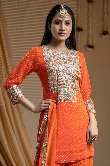 Nazar By Indu_Orange Cotton, Georgette Gota Patti Round Neck Placement Work Kurta Sharara Set _Online_at_Aza_Fashions