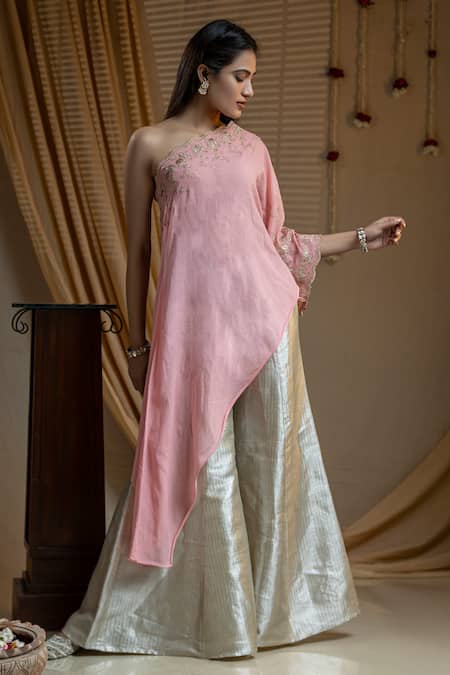 Nazar By Indu Pink Cotton, Georgette, Jacquard Zari Asymmetric Placement Work Kurta With Pant