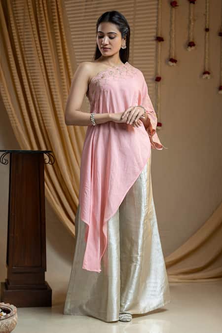 Shop Nazar By Indu Pink Cotton, Georgette, Jacquard Zari Asymmetric Placement Work Kurta With Pant at Aza Fashions Shop_Nazar By Indu_Pink Cotton, Georgette, Jacquard Zari Asymmetric Placement Work Kurta With Pant _at_Aza_Fashions