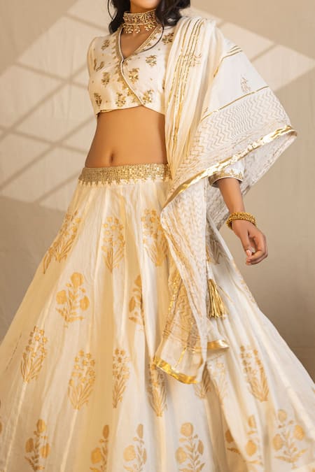 Nazar By Indu Ivory Cotton, Chanderi Embroidery, Sequins Khari Print Lehenga Skirt Blouse Set Online at Aza Fashions Nazar By Indu_Ivory Cotton, Chanderi Embroidery, Sequins Khari Print Lehenga Skirt Blouse Set _Online_at_Aza_Fashions