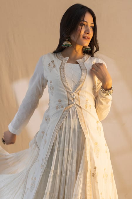 Nazar By Indu_Ivory Cotton Embroidery Round Neck Printed Cape And Anarkali Set _Online_at_Aza_Fashions
