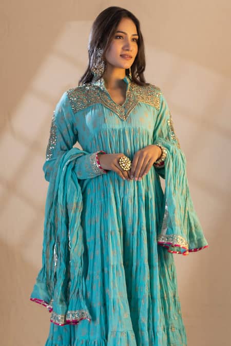 Nazar By Indu_Blue Cotton Embroidery, Gota Patti Bandeau Neck Floral Print Tiered Anarkali Set _Online_at_Aza_Fashions