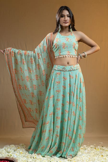 Shop Nazar By Indu Blue Cotton, Georgette Embroidery Halter Neck Floral Print Blouse Lehenga Set at Aza Fashions Shop_Nazar By Indu_Blue Cotton, Georgette Embroidery Halter Neck Floral Print Blouse Lehenga Set _at_Aza_Fashions