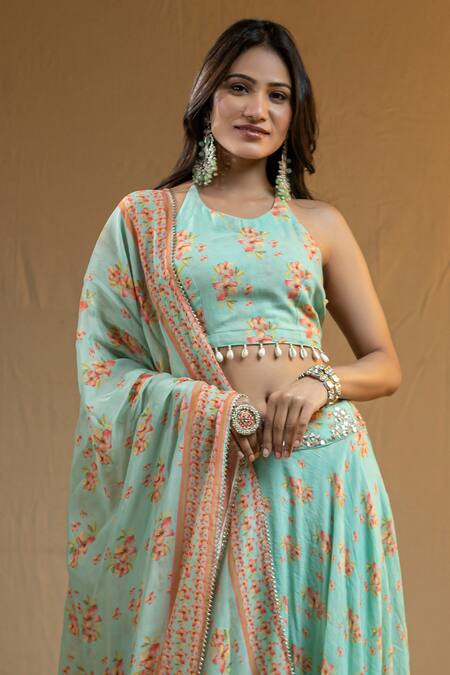 Nazar By Indu Blue Cotton, Georgette Embroidery Halter Neck Floral Print Blouse Lehenga Set Online at Aza Fashions Nazar By Indu_Blue Cotton, Georgette Embroidery Halter Neck Floral Print Blouse Lehenga Set _Online_at_Aza_Fashions