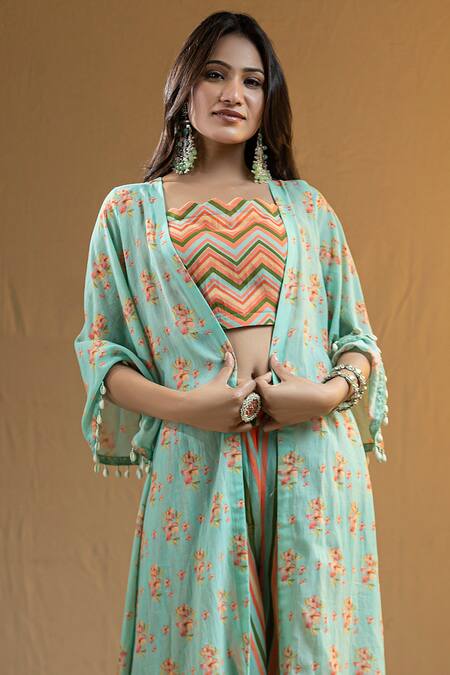 Nazar By Indu_Blue Cotton, Georgette Tassels Square Neck Floral Print Cape And Flared Pant Set _Online_at_Aza_Fashions